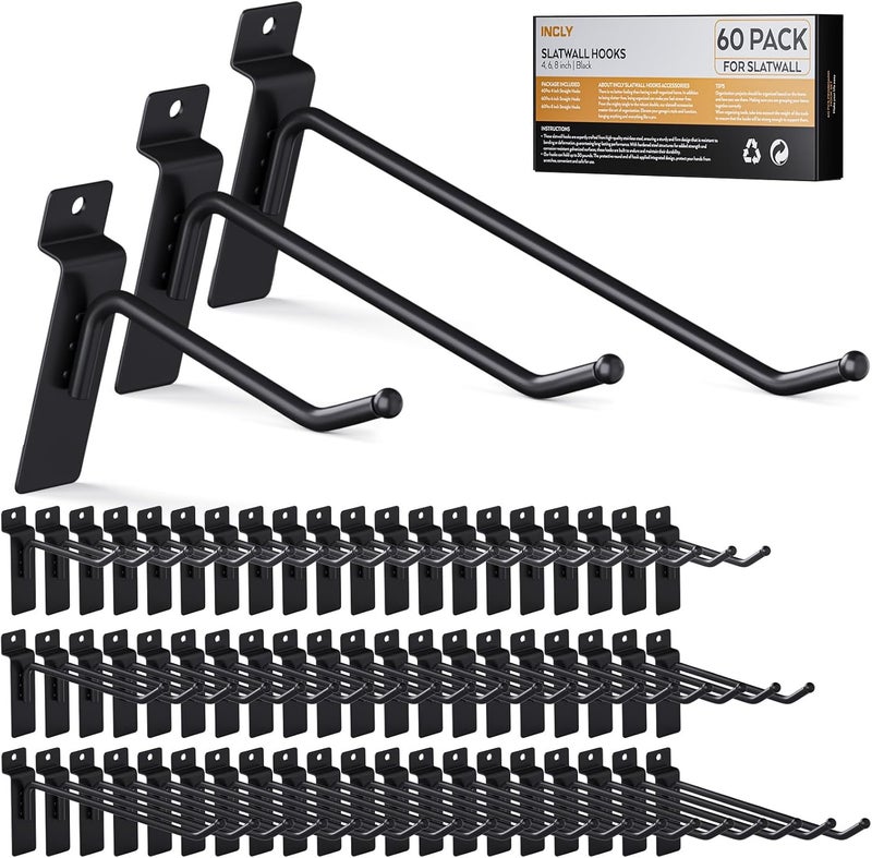 INCLY 60 Pack Slatwall Hooks, 4/6/8 Inch Heavy Duty Black Slat Wall Hanging Hook and Hanger, Slatwall Panel Accessories Assortment Display Hooks for Garages, Sheds, Basements, Retail Stores - Image 1